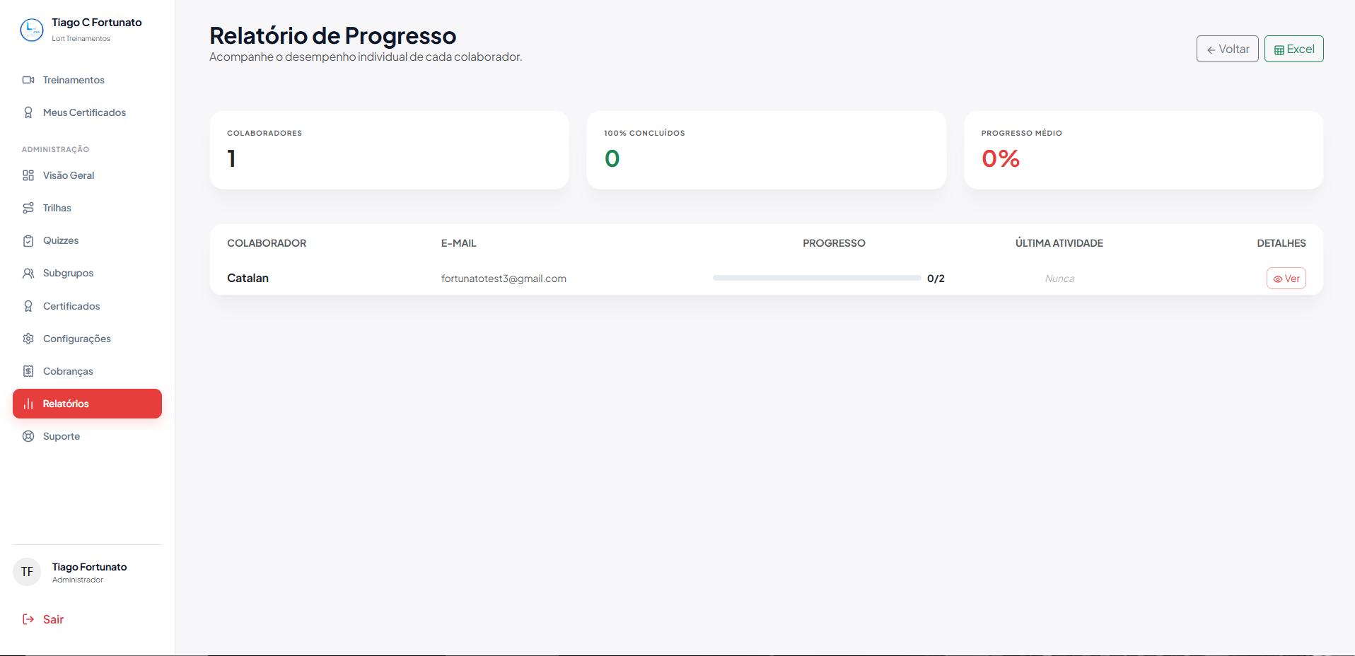 Relatório de Progresso do Lort, com acompanhamento individual dos colaboradores.